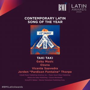 19 May @bmi on Instagram:  “Taki Taki” is our 2020 Contemporary Latin Song of the Year!