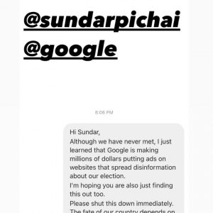 27 October Selena called out Google for putting ads on sites with desinformation about election