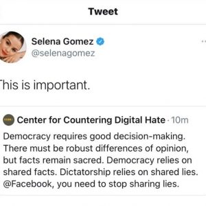 5 November Selena quoted the tweet about Facebook sharing lies