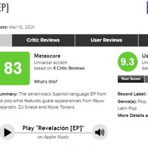 3 April Revelacion debuted with total metascore of 83 on Metacritic