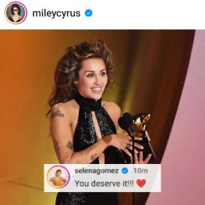 6 February: Selena congratulated Miley Cyrus on winning the Grammy Awards